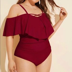 Flounce Ruched One Piece Burgundy Swimsuit